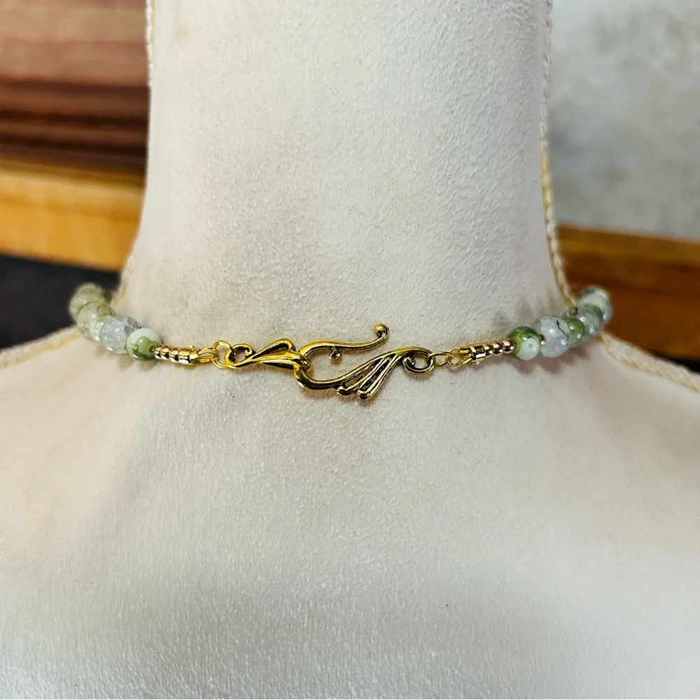 Handcrafted green tone art glass bead necklace